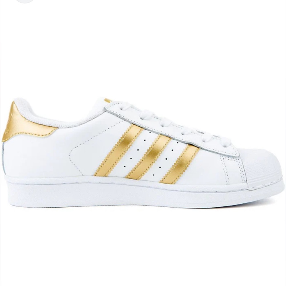 Adidas Superstar J Sneakers - White with Gold Stripes